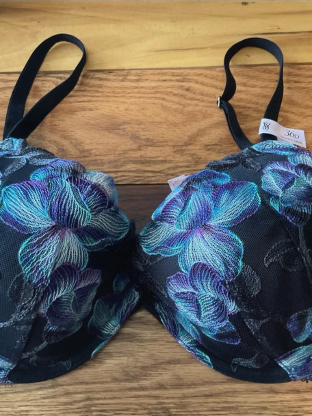NWT Victoria's Secret Black Bra with Teal & Purple Floral Embroidery size 36D